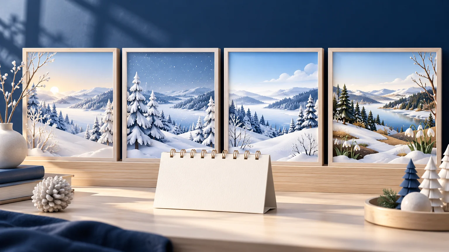 四幅不同光線與積雪景觀的木框插畫，前方擺放空白桌上月曆的雪季規劃概念圖